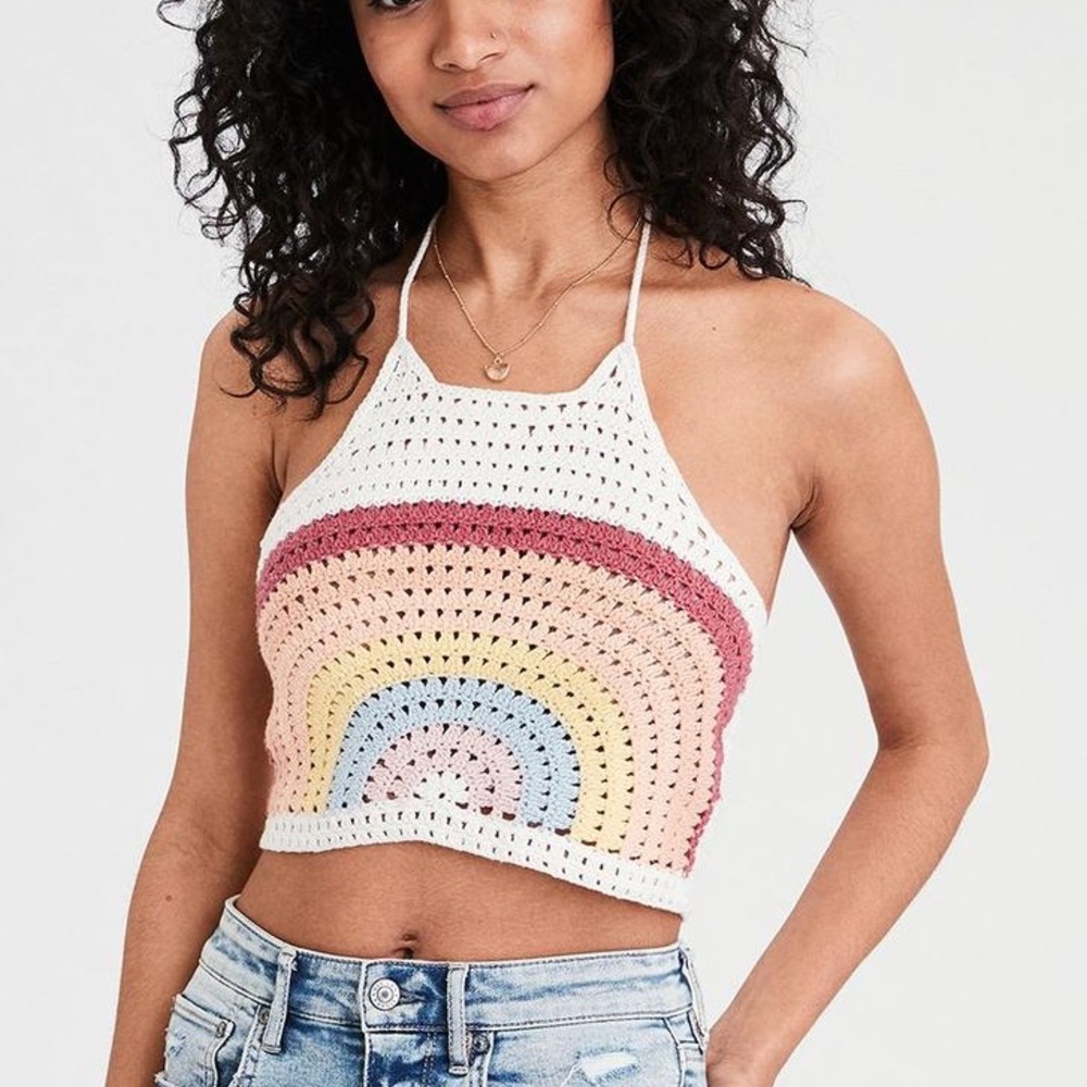 American Eagle Outfitters White Crochet Rainbow Halter Crop Top